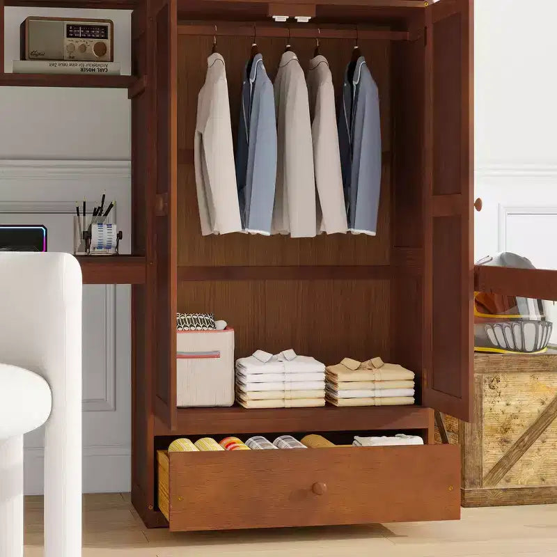 Full Size Loft Wood Bed Frame with Desk, Storage Shelves, Drawer, Built-in Staircase and Wardrobe