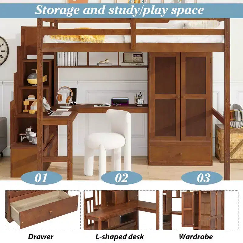 Full Size Loft Wood Bed Frame with Desk, Storage Shelves, Drawer, Built-in Staircase and Wardrobe
