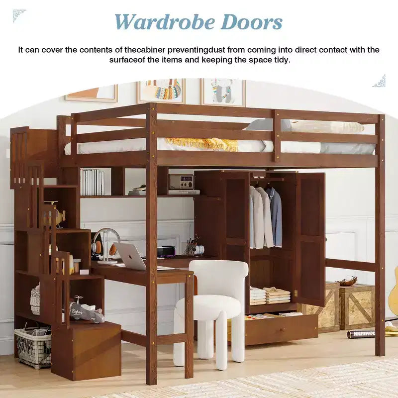 Full Size Loft Wood Bed Frame with Desk, Storage Shelves, Drawer, Built-in Staircase and Wardrobe