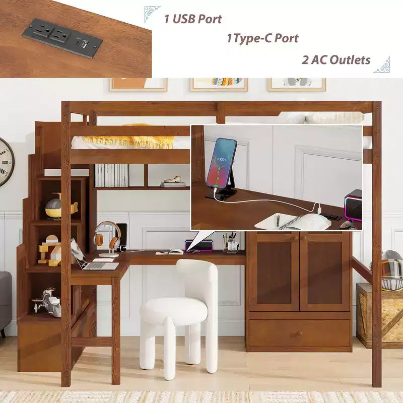 Full Size Loft Wood Bed Frame with Desk, Storage Shelves, Drawer, Built-in Staircase and Wardrobe