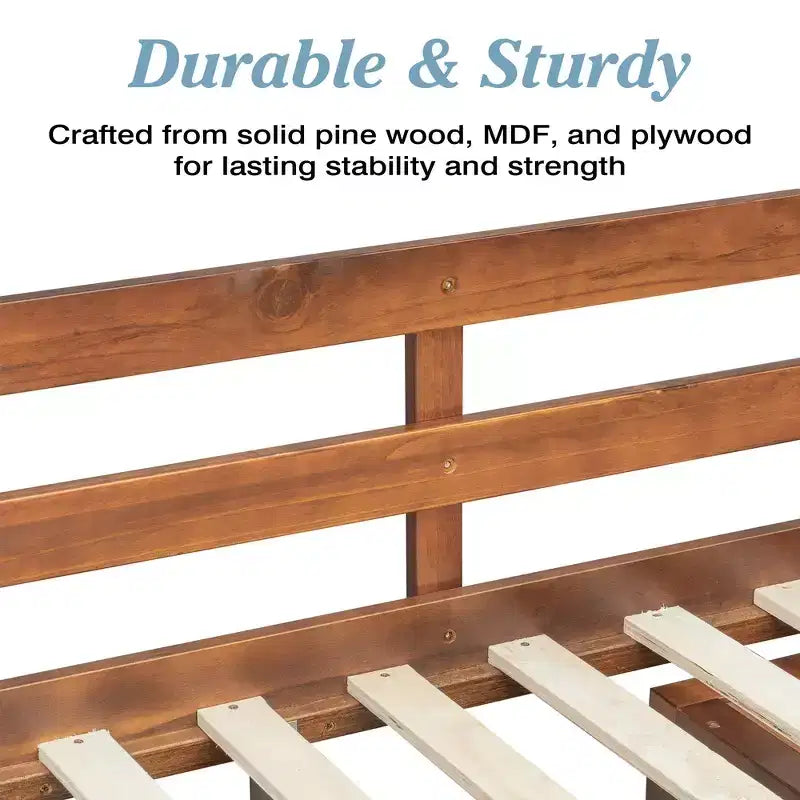 Full Size Loft Wood Bed Frame with Desk, Storage Shelves, Drawer, Built-in Staircase and Wardrobe