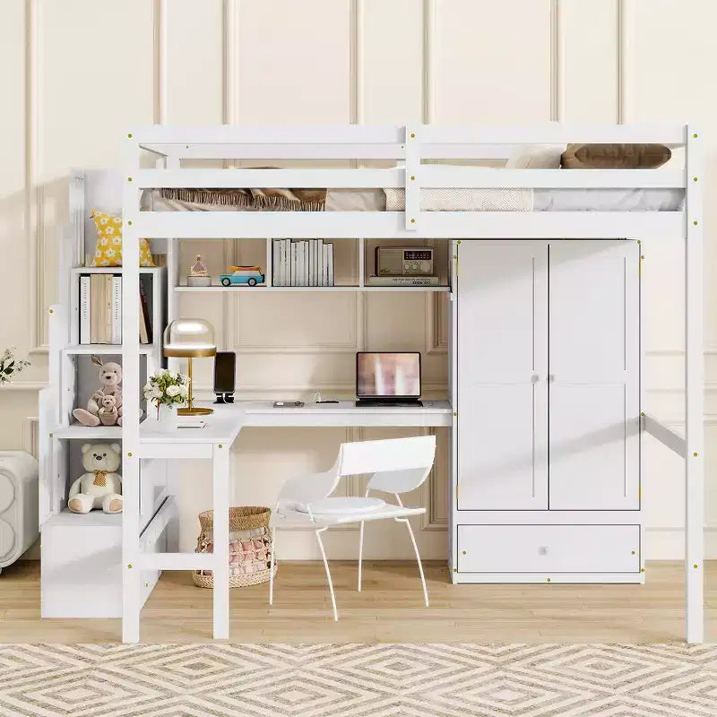 Full Size Loft Wood Bed Frame with Desk, Storage Shelves, Drawer, Built-in Staircase and Wardrobe