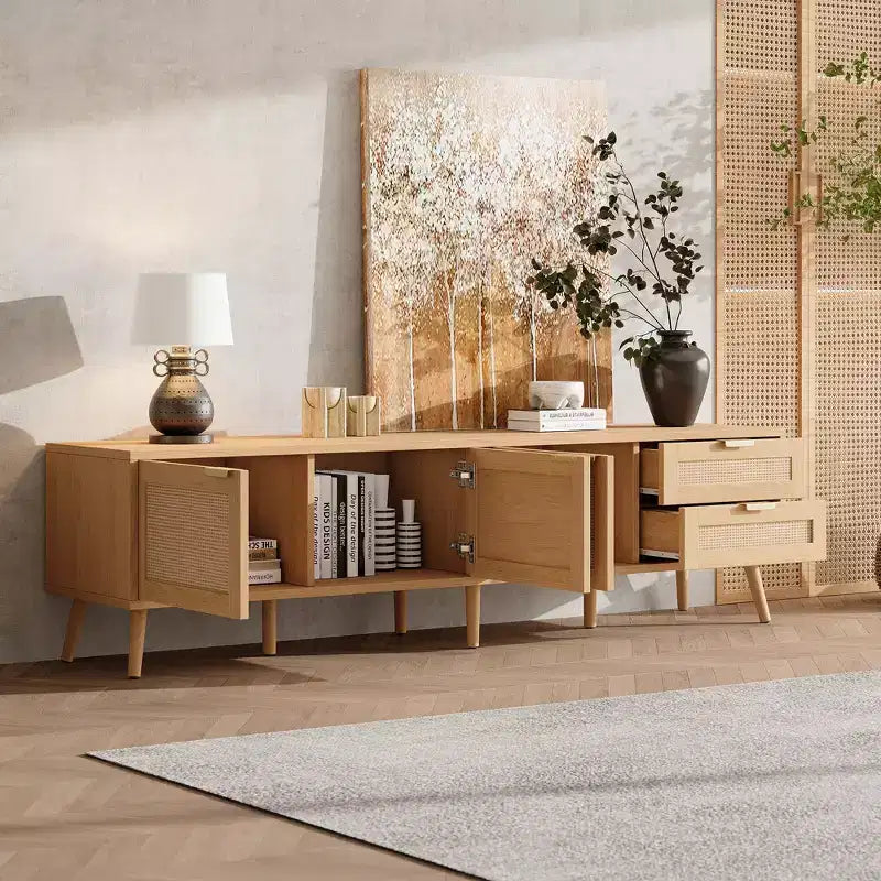 TV Stand 70-Inch, Modern Media Console with Rattan Doors, Fits TVs up to 80, Storage, 2 Drawers, Cable Holes, Living Room Entertainment Center