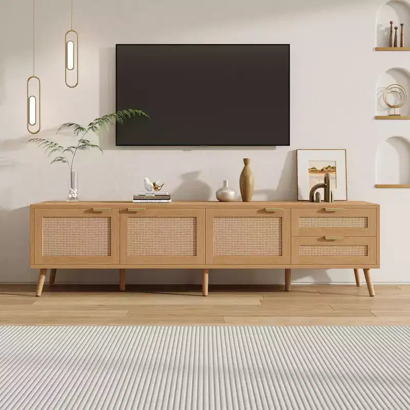 TV Stand 70-Inch, Modern Media Console with Rattan Doors, Fits TVs up to 80, Storage, 2 Drawers, Cable Holes, Living Room Entertainment Center