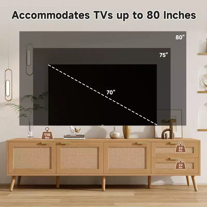 TV Stand 70-Inch, Modern Media Console with Rattan Doors, Fits TVs up to 80, Storage, 2 Drawers, Cable Holes, Living Room Entertainment Center