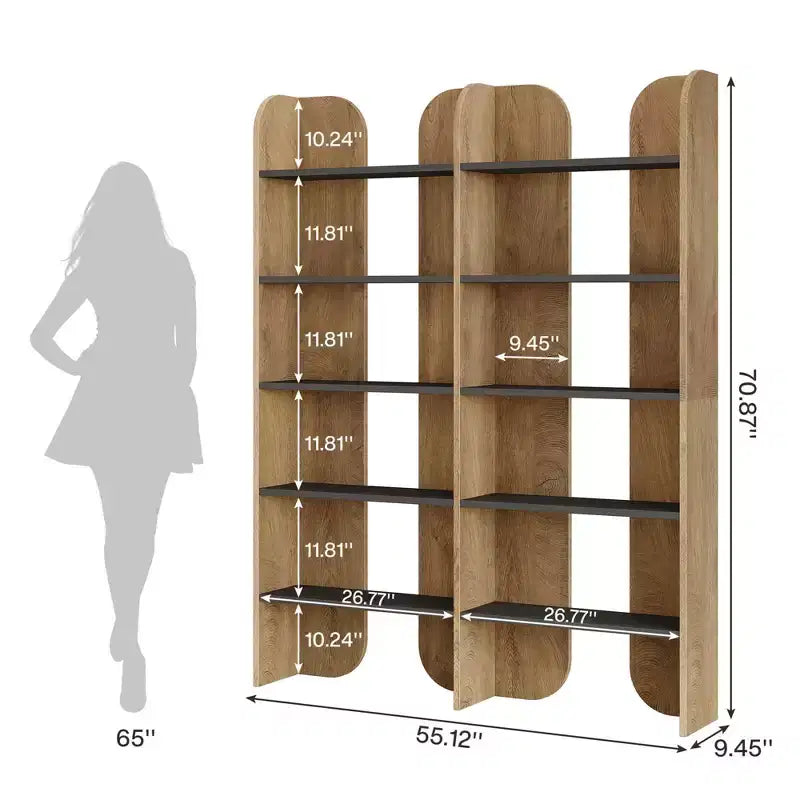 5-Tier Farmhouse Bookshelf, 70.87" Tall Double-Wide Open Storage Bookcase