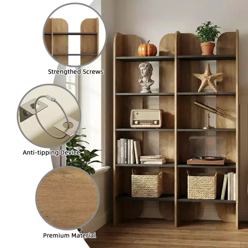 5-Tier Farmhouse Bookshelf, 70.87" Tall Double-Wide Open Storage Bookcase