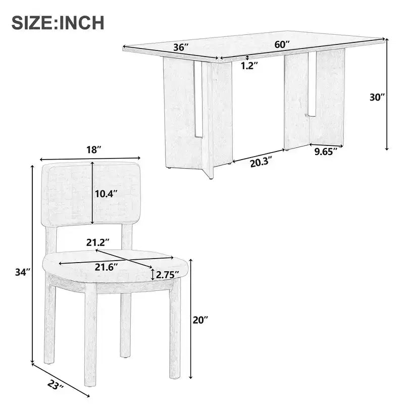 Farmhouse Wood Dining Table Set for 6 with 6 Upholstered Chairs, 60" Rectangular Dining Table with Cutout Table Legs