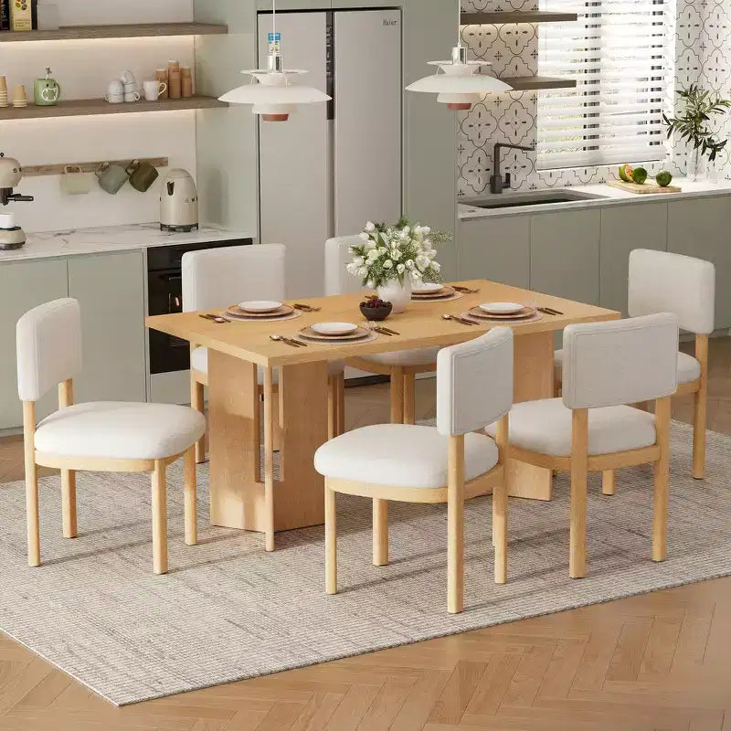 Farmhouse Wood Dining Table Set for 6 with 6 Upholstered Chairs, 60" Rectangular Dining Table with Cutout Table Legs