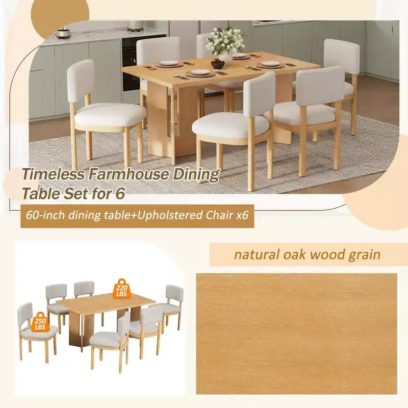 Farmhouse Wood Dining Table Set for 6 with 6 Upholstered Chairs, 60" Rectangular Dining Table with Cutout Table Legs