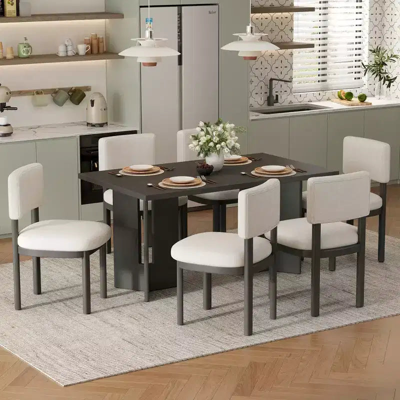 Farmhouse Wood Dining Table Set for 6 with 6 Upholstered Chairs, 60" Rectangular Dining Table with Cutout Table Legs