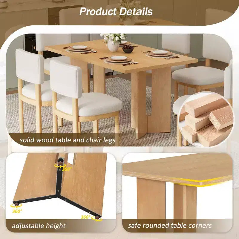 Farmhouse Wood Dining Table Set for 6 with 6 Upholstered Chairs, 60" Rectangular Dining Table with Cutout Table Legs
