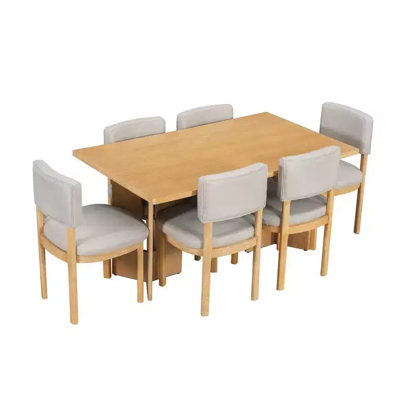 Farmhouse Wood Dining Table Set for 6 with 6 Upholstered Chairs, 60" Rectangular Dining Table with Cutout Table Legs