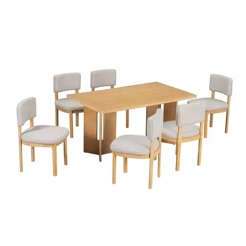Farmhouse Wood Dining Table Set for 6 with 6 Upholstered Chairs, 60" Rectangular Dining Table with Cutout Table Legs