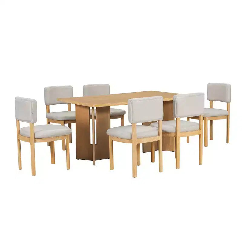 Farmhouse Wood Dining Table Set for 6 with 6 Upholstered Chairs, 60" Rectangular Dining Table with Cutout Table Legs
