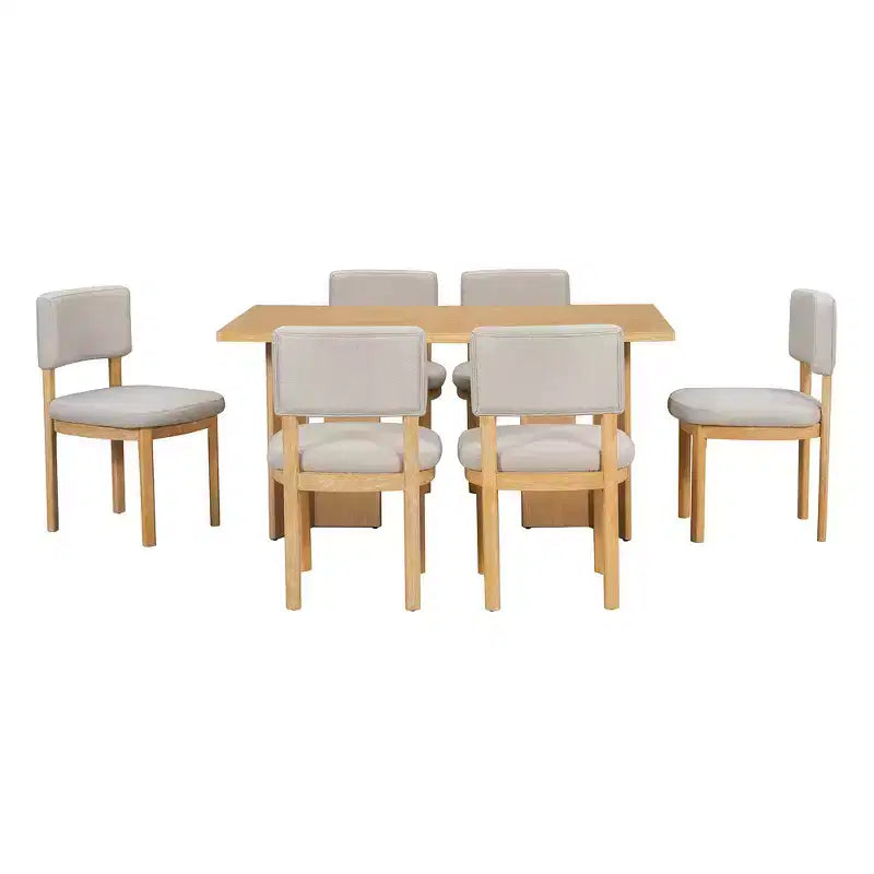 Farmhouse Wood Dining Table Set for 6 with 6 Upholstered Chairs, 60" Rectangular Dining Table with Cutout Table Legs