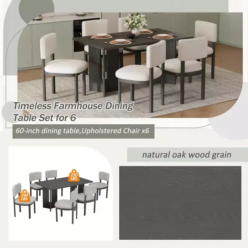 Farmhouse Wood Dining Table Set for 6 with 6 Upholstered Chairs, 60" Rectangular Dining Table with Cutout Table Legs