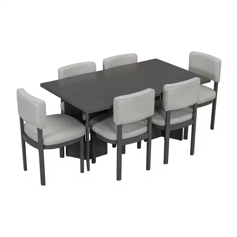 Farmhouse Wood Dining Table Set for 6 with 6 Upholstered Chairs, 60" Rectangular Dining Table with Cutout Table Legs