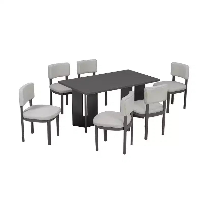 Farmhouse Wood Dining Table Set for 6 with 6 Upholstered Chairs, 60" Rectangular Dining Table with Cutout Table Legs
