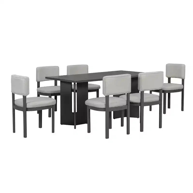 Farmhouse Wood Dining Table Set for 6 with 6 Upholstered Chairs, 60" Rectangular Dining Table with Cutout Table Legs