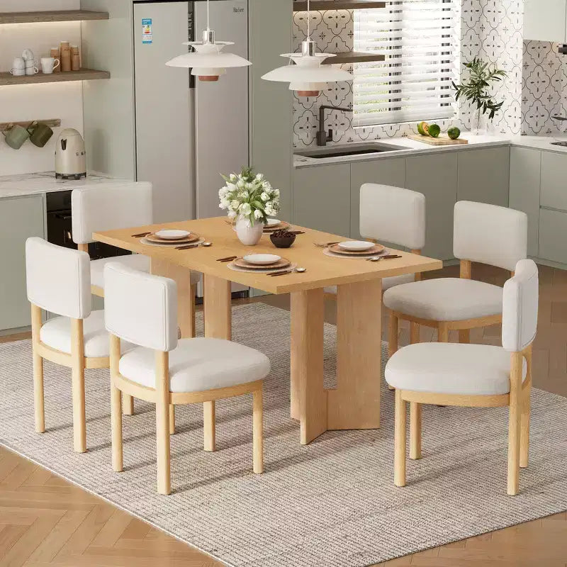 Farmhouse Wood Dining Table Set for 6 with 6 Upholstered Chairs, 60" Rectangular Dining Table with Cutout Table Legs