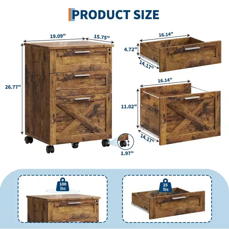 3 Drawer File Cabinet with Lock, Mobile Under Desk Filing Cabinet, Wood Storage Organizer