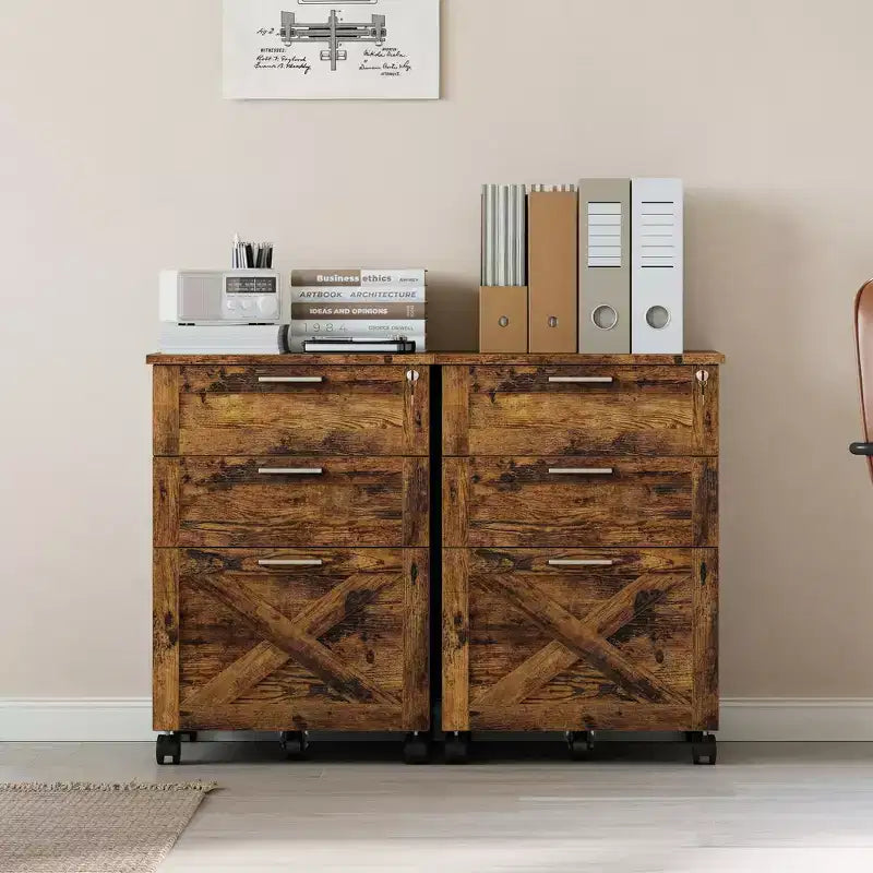 3 Drawer File Cabinet with Lock, Mobile Under Desk Filing Cabinet, Wood Storage Organizer