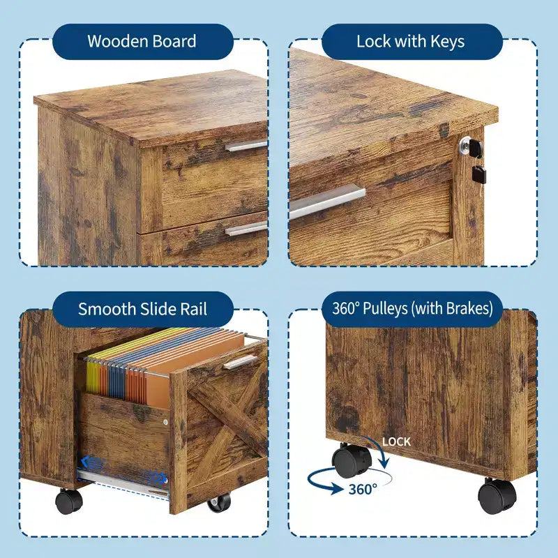 3 Drawer File Cabinet with Lock, Mobile Under Desk Filing Cabinet, Wood Storage Organizer