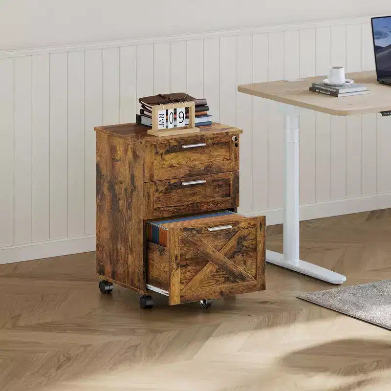 3 Drawer File Cabinet with Lock, Mobile Under Desk Filing Cabinet, Wood Storage Organizer