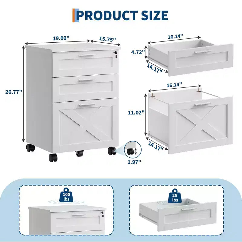 3 Drawer File Cabinet with Lock, Mobile Under Desk Filing Cabinet, Wood Storage Organizer