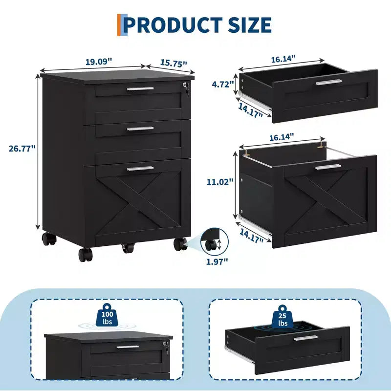 3 Drawer File Cabinet with Lock, Mobile Under Desk Filing Cabinet, Wood Storage Organizer