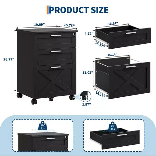 3 Drawer File Cabinet with Lock, Mobile Under Desk Filing Cabinet, Wood Storage Organizer
