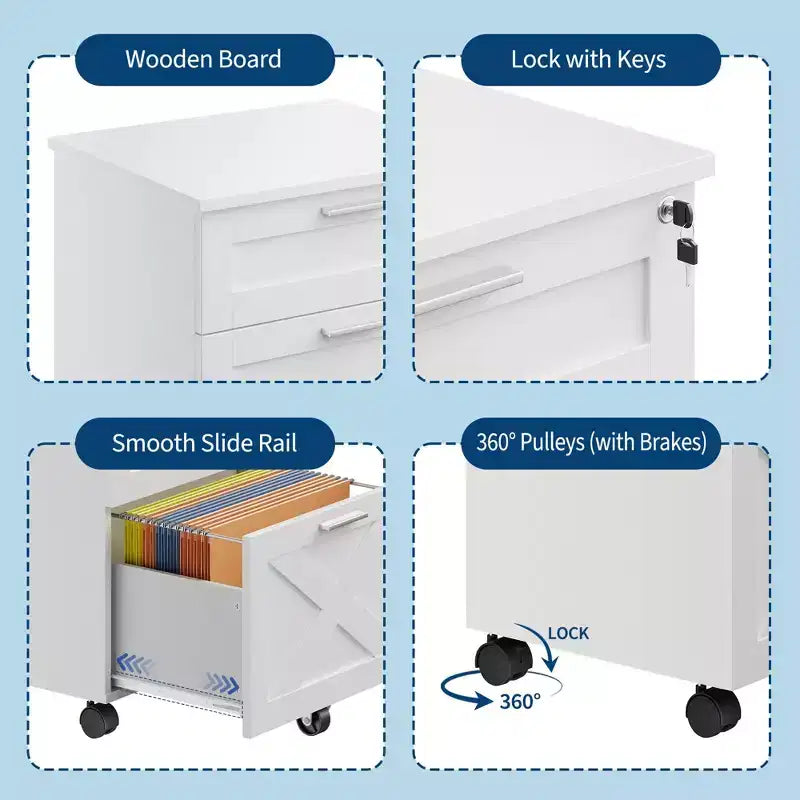 3 Drawer File Cabinet with Lock, Mobile Under Desk Filing Cabinet, Wood Storage Organizer