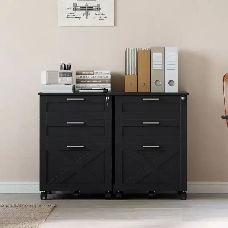 3 Drawer File Cabinet with Lock, Mobile Under Desk Filing Cabinet, Wood Storage Organizer