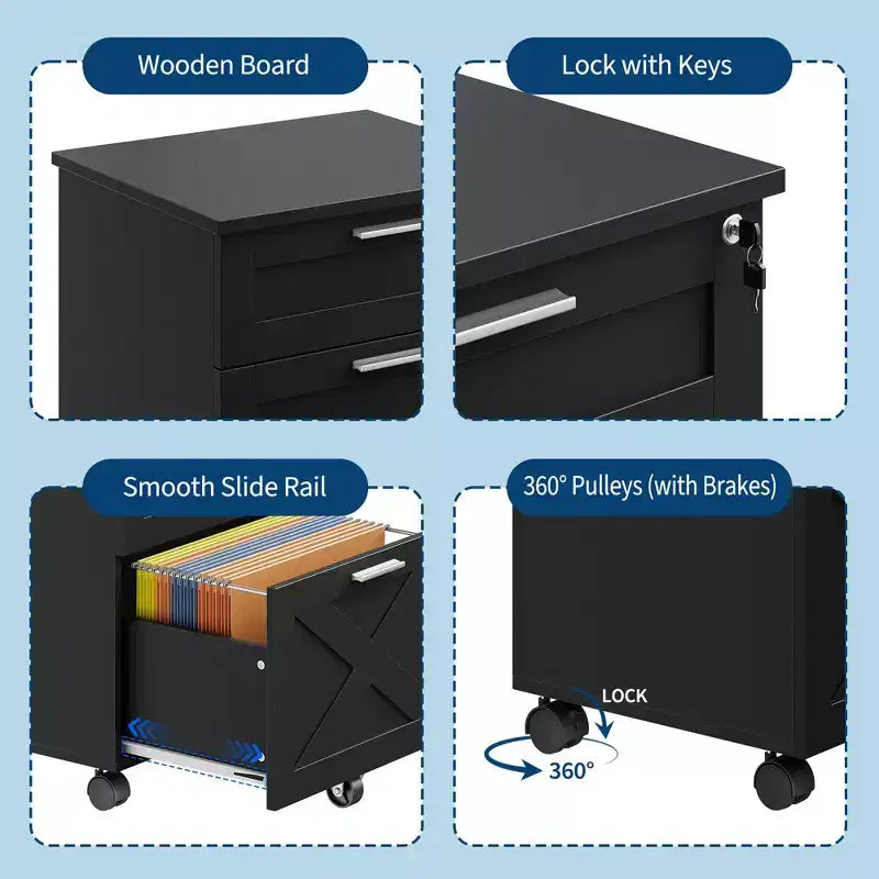 3 Drawer File Cabinet with Lock, Mobile Under Desk Filing Cabinet, Wood Storage Organizer