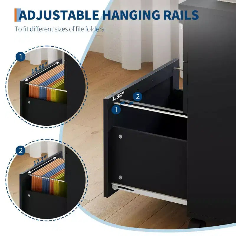 3 Drawer File Cabinet with Lock, Mobile Under Desk Filing Cabinet, Wood Storage Organizer