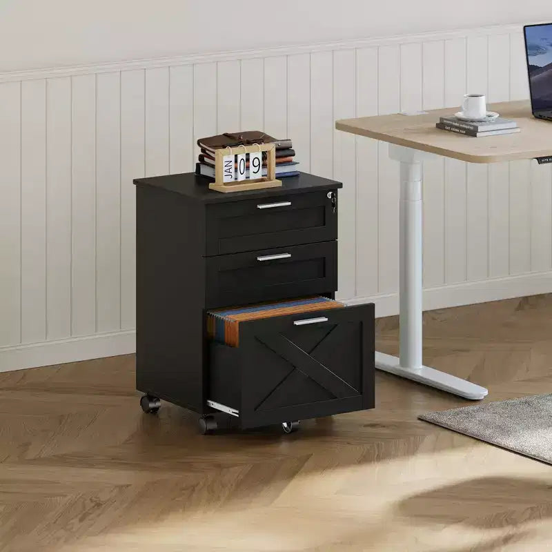 3 Drawer File Cabinet with Lock, Mobile Under Desk Filing Cabinet, Wood Storage Organizer