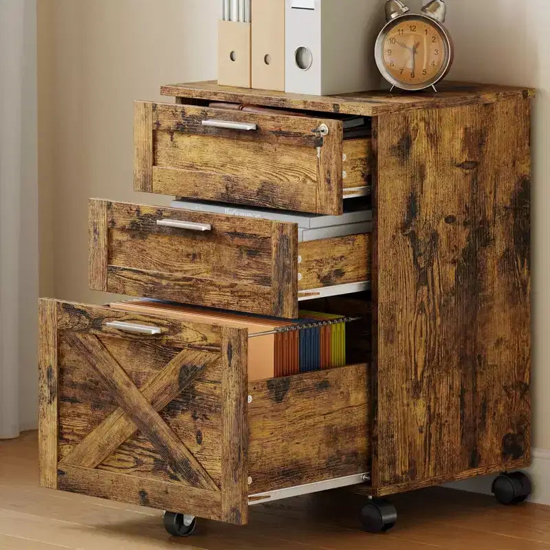 3 Drawer File Cabinet with Lock, Mobile Under Desk Filing Cabinet, Wood Storage Organizer