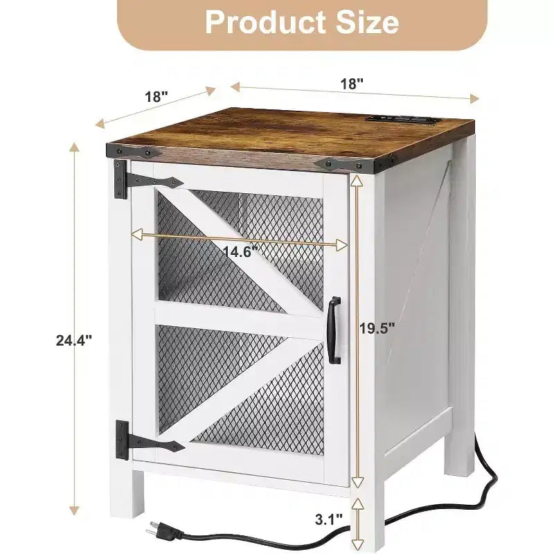2-Piece Farmhouse Nightstand Set, 18 Barn Door End Tables with Storage, Rustic Wood Sofa Side Tables for Bedroom or Living Room, White & Brown