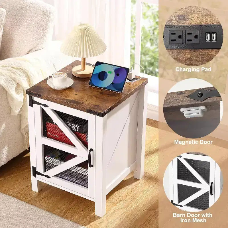 2-Piece Farmhouse Nightstand Set, 18 Barn Door End Tables with Storage, Rustic Wood Sofa Side Tables for Bedroom or Living Room, White & Brown
