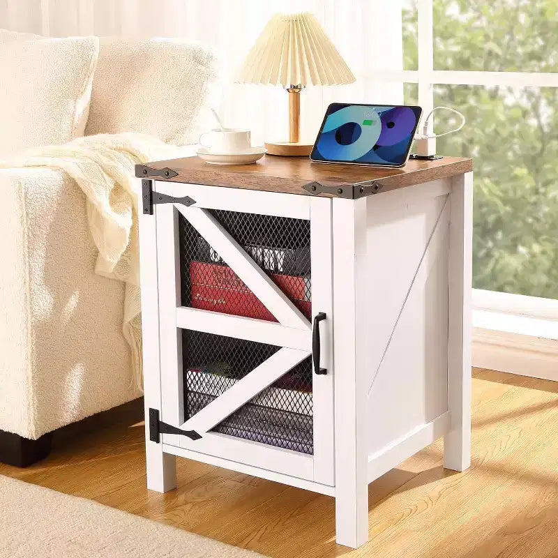 2-Piece Farmhouse Nightstand Set, 18 Barn Door End Tables with Storage, Rustic Wood Sofa Side Tables for Bedroom or Living Room, White & Brown