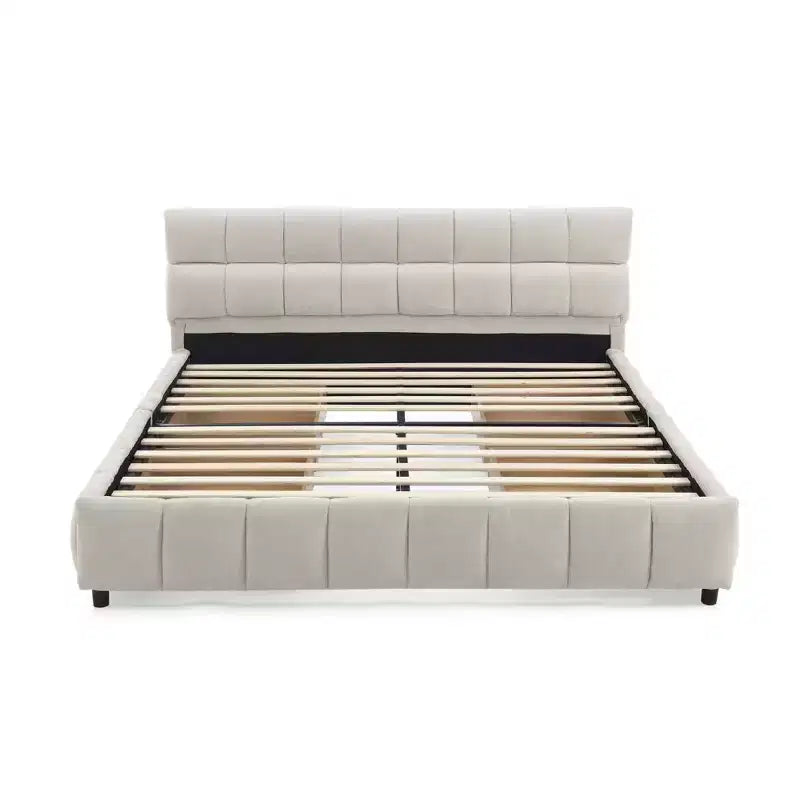 Queen Size Upholstered Bed with Headboard Chenille Fabric Solid Bed Frame Drawer for Bedroom, Beige