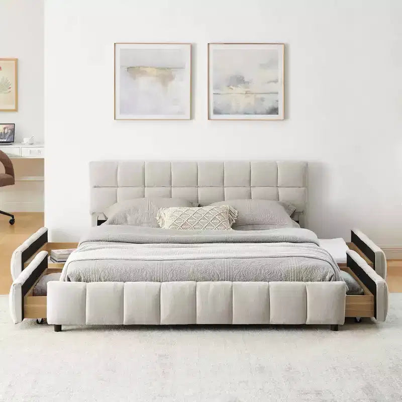 Queen Size Upholstered Bed with Headboard Chenille Fabric Solid Bed Frame Drawer for Bedroom, Beige