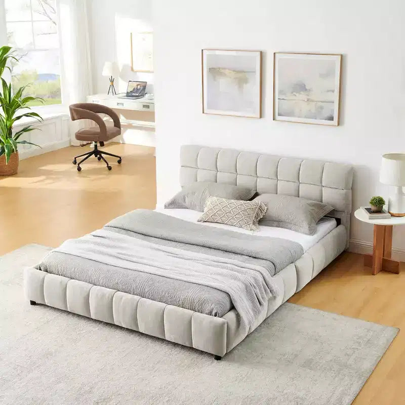 Queen Size Upholstered Bed with Headboard Chenille Fabric Solid Bed Frame Drawer for Bedroom, Beige