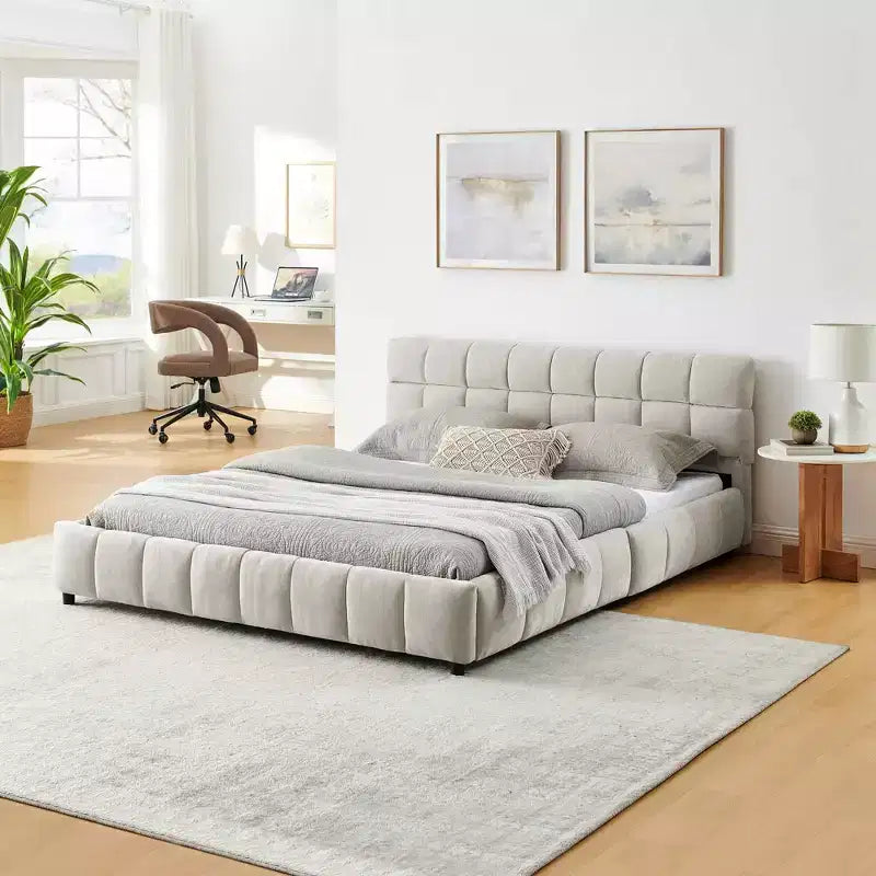 Queen Size Upholstered Bed with Headboard Chenille Fabric Solid Bed Frame Drawer for Bedroom, Beige