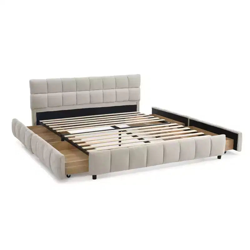 Queen Size Upholstered Bed with Headboard Chenille Fabric Solid Bed Frame Drawer for Bedroom, Beige
