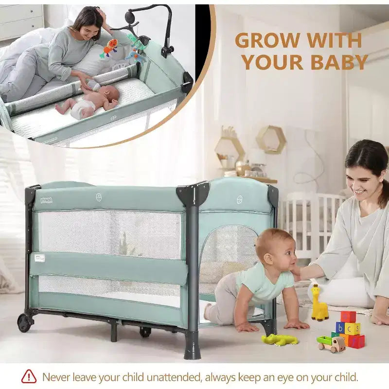 3 in 1 Baby Bedside Bassinet, Bedside Sleeper with Mattress and Sheet, Convert to Bassinet, Playpen, Foldable Travel Baby Bed