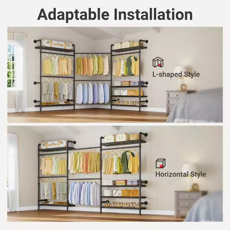 Wall Mounted Clothes Rack Industrial Pipe Clothing Rack, Heavy Duty with Shelves and Expandable Hanging Rods