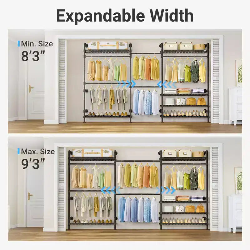 Wall Mounted Clothes Rack Industrial Pipe Clothing Rack, Heavy Duty with Shelves and Expandable Hanging Rods