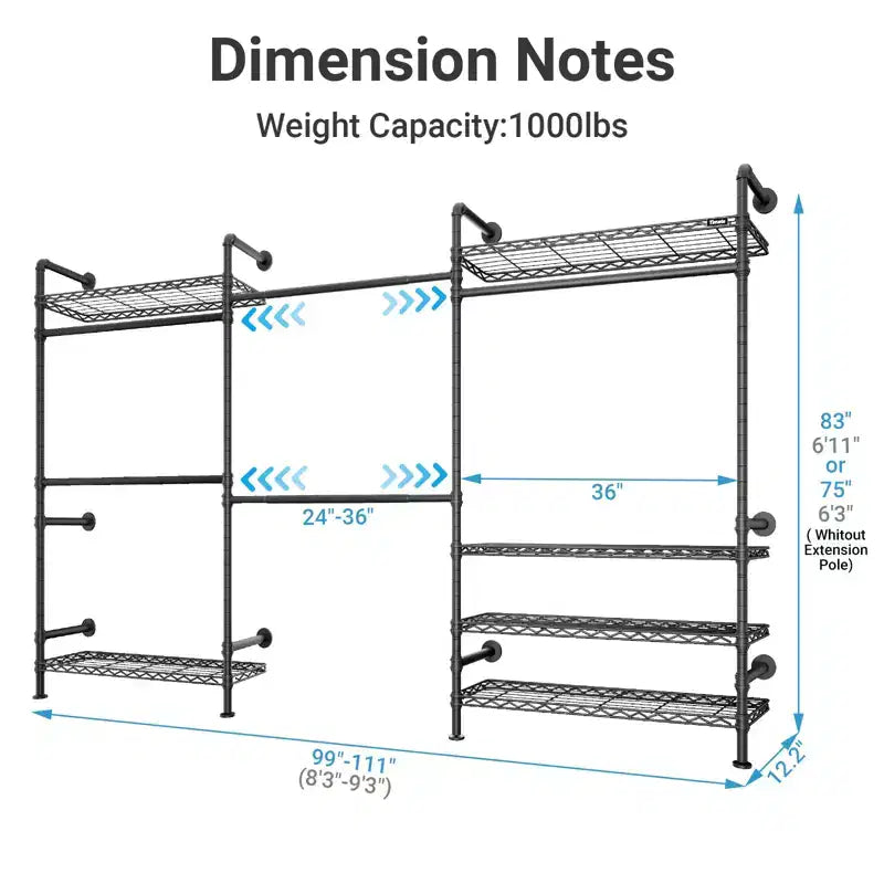 Wall Mounted Clothes Rack Industrial Pipe Clothing Rack, Heavy Duty with Shelves and Expandable Hanging Rods